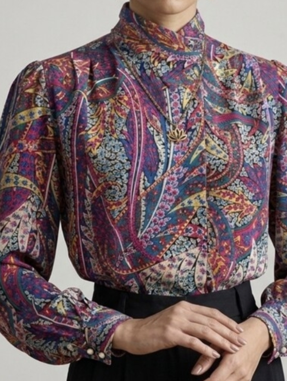 Vintage Regina Porter Colorful Paisley High-Neck Blouse
